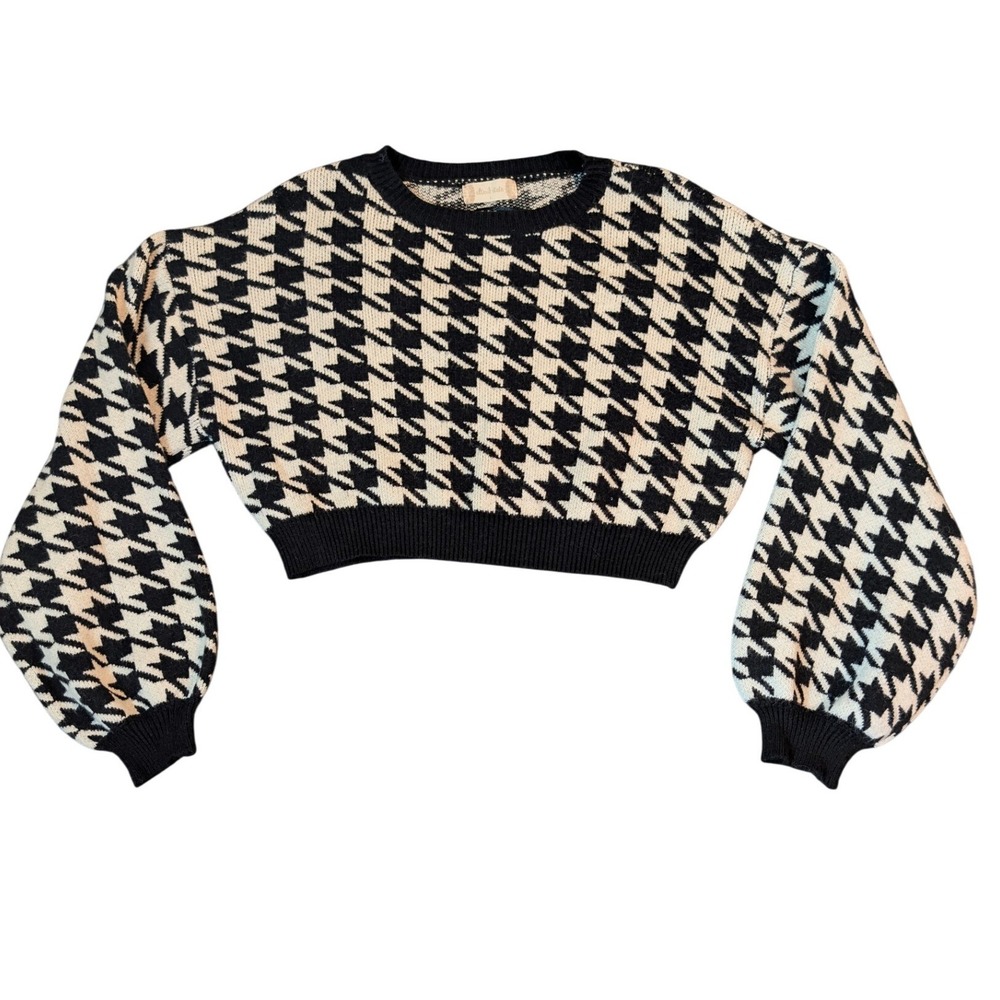 Altar'd State Women Black Cream Houndstooth Cropped Balloon Sleeve Sweater Large